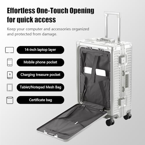 YYW All Aluminium Luggage With Spinner Wheels Lightweight PC hardside Rolling Suitcase, Built-In TSA lock Carry on Suitcase, with Cup Holder, USB Port, Phone Holder (Silver,24inch/39x25x65cm) - color: Silver, size: 24inch/39x25x65cm