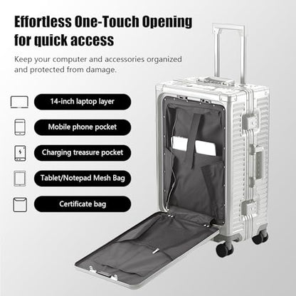 YYW All Aluminium Luggage With Spinner Wheels Lightweight PC hardside Rolling Suitcase, Built-In TSA lock Carry on Suitcase, with Cup Holder, USB Port, Phone Holder (Silver,24inch/39x25x65cm) - color: Silver, size: 24inch/39x25x65cm