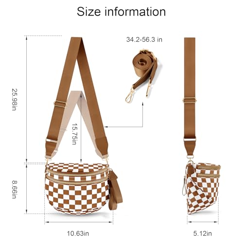 Checkered Crossbody Bags for Women, Large Nylon Bum Bags - color: Brown Checkered