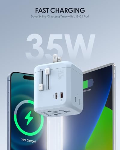 EPICKA PD 35W Universal Travel Adapter, 2AC/2USB-C/3USB-A - color: Blue