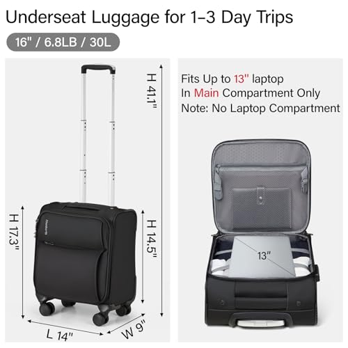 Hanke Underseat Carry On Luggage with Wheels, Small Suitcase, Rolling Bag - color: Black, size: 16 Inch Underseat