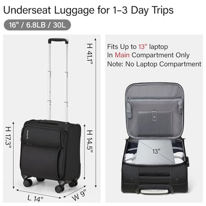 Hanke Underseat Carry On Luggage with Wheels, Small Suitcase, Rolling Bag - color: Black, size: 16 Inch Underseat