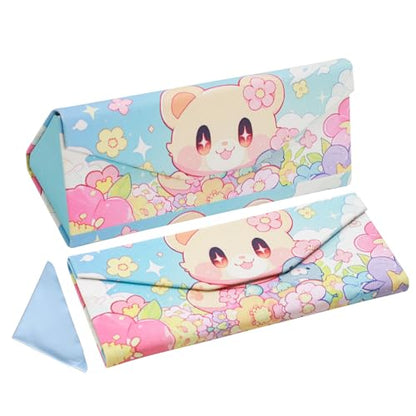 Foldable Glasses Case, Magnetic PU Leahter Sunglasses Case, Cute Hard Shell Folding Eyeglass Cases for Women Kids - color: Multicolor Flower Bear