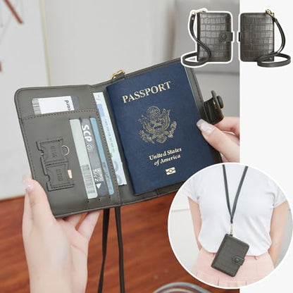 Passport Holder for Travel RFID Blocking Wallet Handbag Credit Cards Flight Ticket Organizer Card Holder Women (Dark Grey) - color: Dark Grey