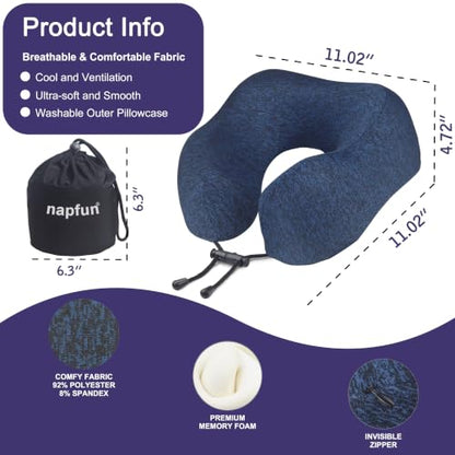 napfun Neck Pillow for Travel, Memory Foam Airplane Pillow, Full Dark Blue - color: Blue