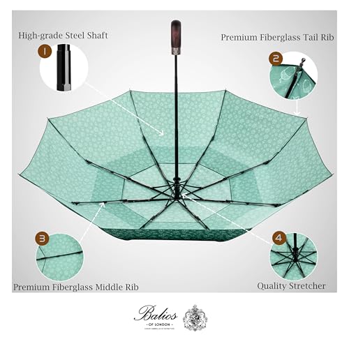 Balios Folding Umbrella Real Wood Handle Auto Open Close - color: Maple Leaves Dark Green