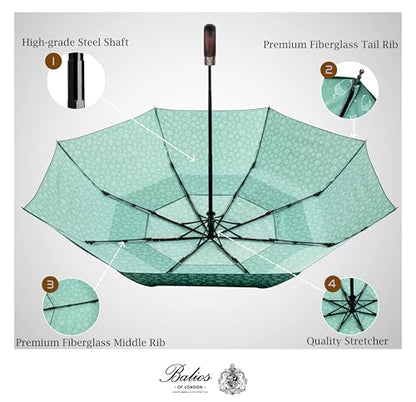 Balios Folding Umbrella Real Wood Handle Auto Open Close - color: Maple Leaves Dark Green
