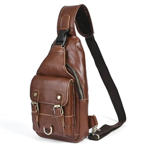 Genuine Leather Hiking Travel DayPack Sling Crossbody Triangle Chest Pack Bag For Men Women 8241 (E-Brown 2) - color: E-brown 2