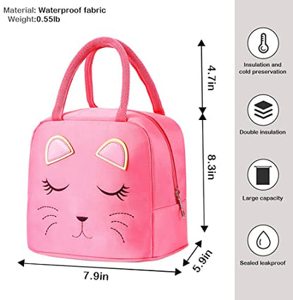 Cute Cat Pink School Backpack with Lunch Bag for 8-16 Year Old Girls, Elementary School Bags Bookbags for Kids - color: Hpcatpink-lunch