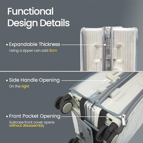Clear Carry On Luggage Cover, Expandable Width, No Disassembly, 24 Inch with Front Pocket Zipper, PVC Plastic Material, Travel Waterproof Transparent Suitcase Protector - color: Expandable (Front Access Only), size: 24 inch (Right Handle)
