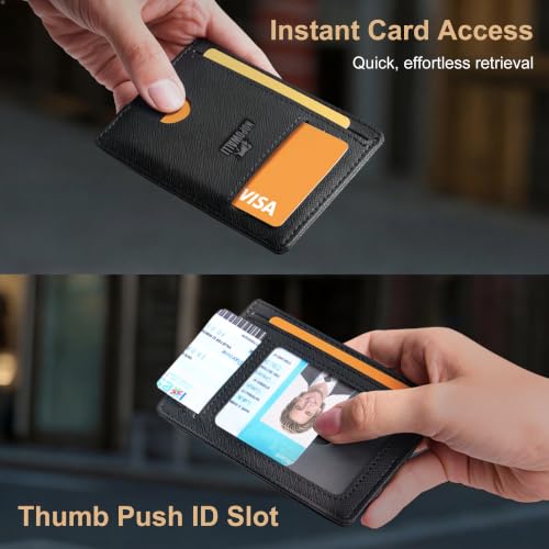 Genuine Leather Mens Wallet Slim RFID Blocking Credit Card Holder - color: Saffiano Black