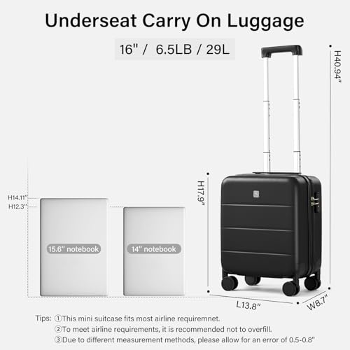 Hanke Underseat Carry On Luggage with Wheels, Hardside Small Suitcase - color: Jet Black, size: 16 Inch