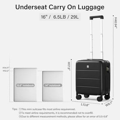 Hanke Underseat Carry On Luggage with Wheels, Hardside Small Suitcase - color: Jet Black, size: 16 Inch