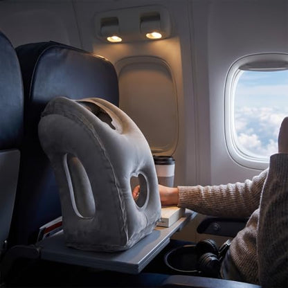 1-Pack Comfortable Inflatable Travel Pillow, Neck Support Air Pillow with Storage Bag for Shoulder and Head Relief, for Airplane Train Car Office Home Use, Grey