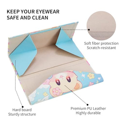 Foldable Glasses Case, Magnetic PU Leahter Sunglasses Case, Cute Hard Shell Folding Eyeglass Cases for Women Kids - color: Multicolor Flower Bear