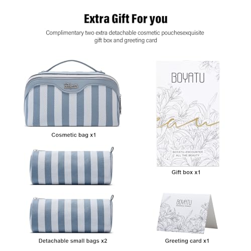 BOYATU Travel Makeup Bag for Women: 3 Pcs Set Striped Make up Bag,Blue - color: A-1-Blue