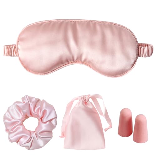 Pink Sleep Eye Mask, Blackout Silk Satin Travel Blindfold Set Women - color: Pink