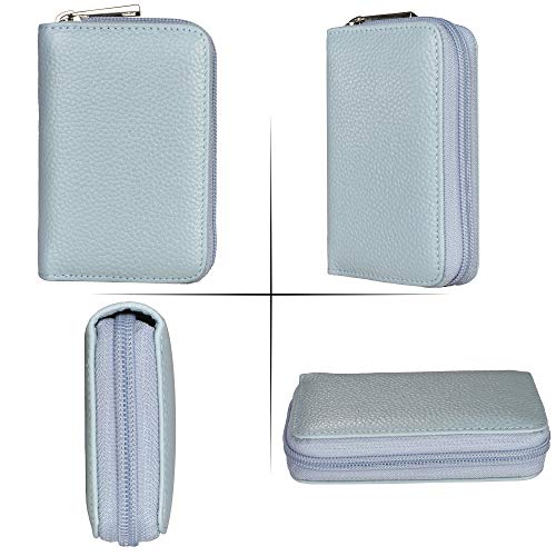 Easyoulife Genuine Leather Credit Card Holder Zipper Wallet With 26 Card Slots - color: Light Blue, size: small