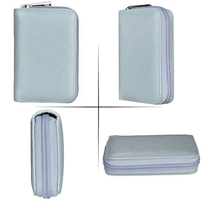 Easyoulife Genuine Leather Credit Card Holder Zipper Wallet With 26 Card Slots - color: Light Blue, size: small