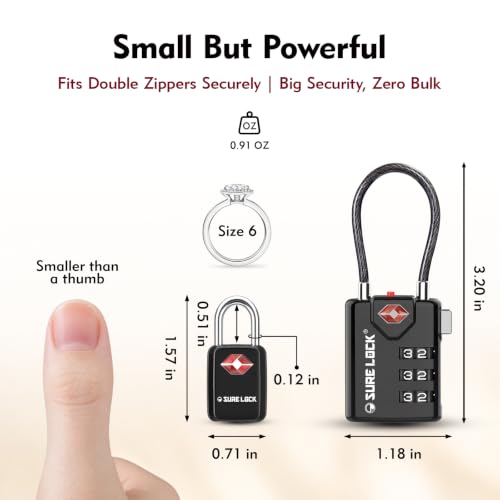 SURE LOCK Mini TSA Approved Keyed Luggage Lock – One Key Opens All, Fits Tight Zipper Gaps & Small Pull Holes, Compact Travel Lock for Suitcases, Backpacks & Handbags - color: BLACK 6 LOCKS