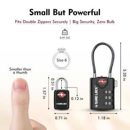 SURE LOCK Mini TSA Approved Keyed Luggage Lock – One Key Opens All, Fits Tight Zipper Gaps & Small Pull Holes, Compact Travel Lock for Suitcases, Backpacks & Handbags - color: BLACK 4 LOCKS