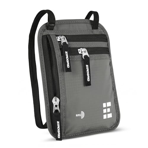 Zero Grid RFID Travel Neck Wallet, Large Passport Holder, Light Grey - color: Light Grey, size: Solo/Couple