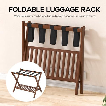Luggage Racks Set Of 2 Suitcase Stand Foldable With Storage Shelf For Guest Room Hotel Essentials Solid Bamboo Heavy-Duty Item Holder Chestnut Brown