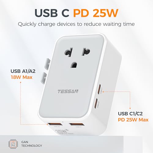 TESSAN Universal Travel Adapter PD 25W, Ultra Thin International adapter - color: Grey
