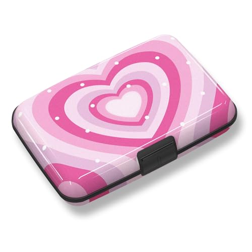 Credit Card Holder, Mini RFID Small Aluminum Card Wallet Business Card Case - color: Pink Hearts