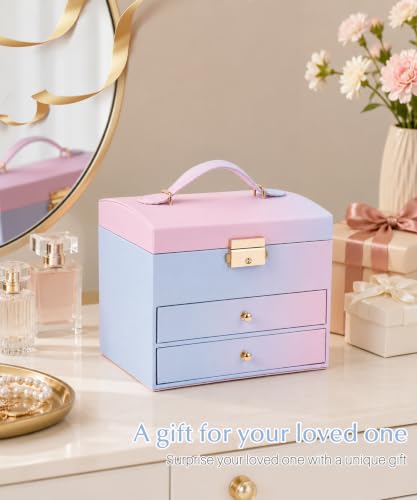 Homde Small Jewelry Box for Girls: 3-Layer Lockable Organizer (Blue-Pink) - color: Blue-Pink Gradient