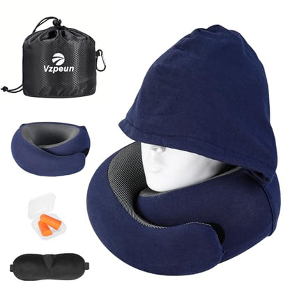 Travel Pillow - Hooded Neck Pillow Airplane Memory Foam Filling - color: Navy