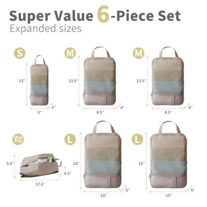6 Set Compression Packing Cubes, Expandable Luggage Organizer Bags for Travel Essentials (6D-Light brown) - color: 6D-Light brown