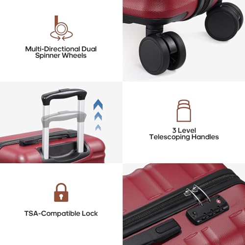 Carry On Luggage 22x14x9 Airline Approved, 3 Piece Set with Backpack - color: Red, size: 3 piece set (20inch)