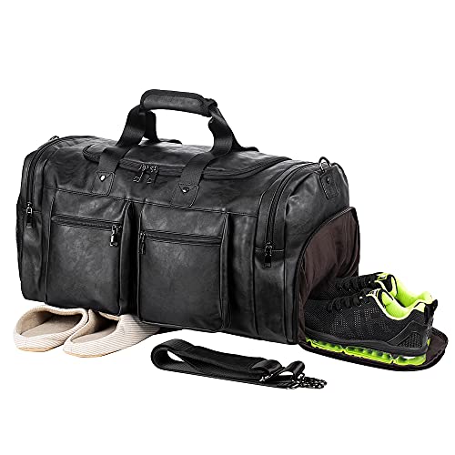 Travel Bag with Shoe Pouch,Weekender Overnight Bag Leather Large Carry On Bag - color: Black