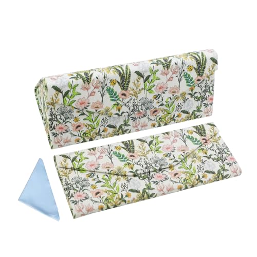 Foldable Glasses Case, Magnetic PU Leahter Sunglasses Case, Cute Hard Shell Folding Eyeglass Cases for Women Kids - color: White Flowering Shrubs