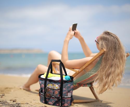 KABAQOO Mesh Beach Bag, Extra Large Beach Bags with 9 Pockets & Zipper Waterproof Lightweight Beach Tote for Beach/Pool Trip - color: Flamingo - Black, size: X-Large