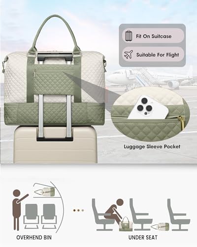 Travel Weekender Duffle Bag for Women: Overnight Bags with Shoe Compartment - color: Beige Green, size: Large