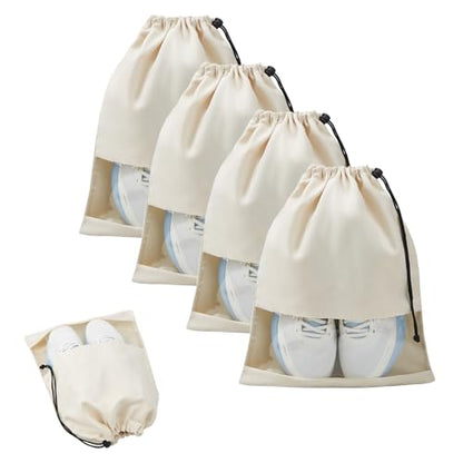 4 Pcs Shoe Bags for Travel with Clear TPU Window & Drawstring Closure - color: Beige