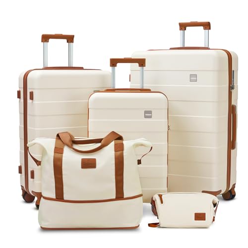imiomo Hard Shell Luggage Sets 5 Piece for Women, Lightweight Hardside Rolling Suitcase Set with Spinner Wheels and TSA Lock, Beige - color: Beige, size: 5 Piece Set