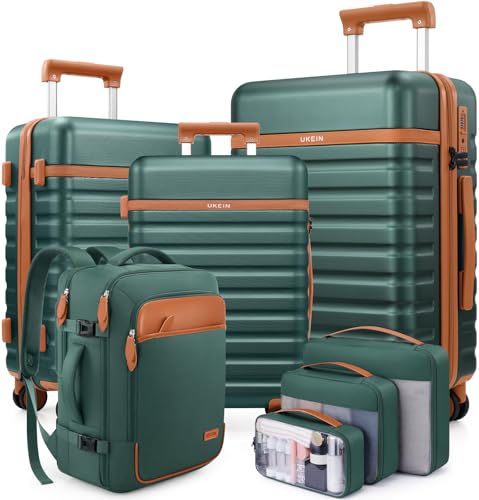 Luggage Sets 7 Piece,Hardside Large Checked Suitcase with Backpack Set | Lightweight But Durable Carry on Luggage with 360° Spinner Wheels& YKK Zippers,TSA Lock,Space-Saving Nested - color: Dark Green, size: 7-Piece Sets