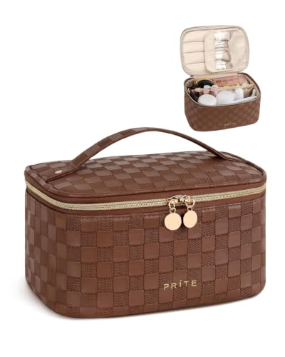 Prite Makeup Bag Travel Cosmetic Case, Women Toiletry Bag, Checkered Brown - color: Checkered Brown