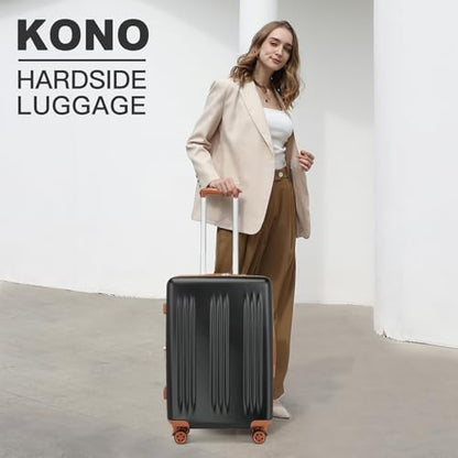 Kono 24 Inch Expandable Checked Luggage with Spinner Wheels TSA Lock - color: Black&Brown, size: 24"