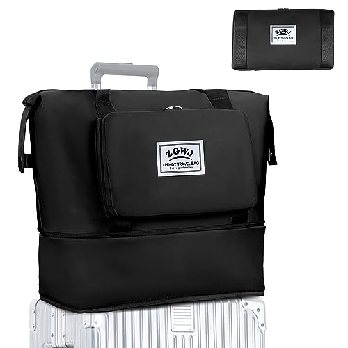 ZGWJ Travel Tote Bags, Expandable Overnight Weekender Bag for Women Foldable Carry-On - color: Black