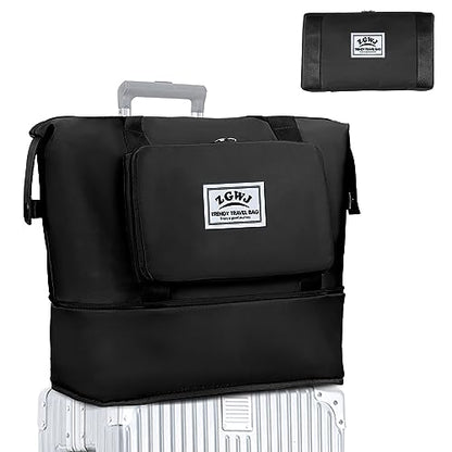 ZGWJ Travel Tote Bags, Expandable Overnight Weekender Bag for Women Foldable Carry-On - color: Black