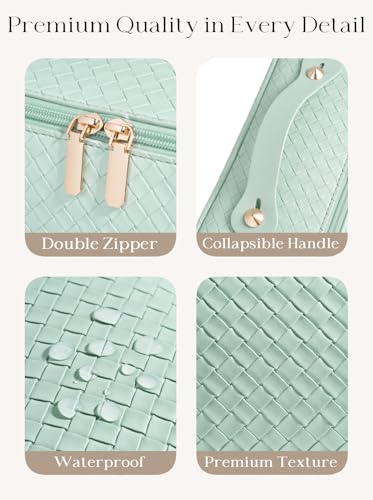 ALEXTINA Travel Makeup Bag, Woven PU Leather Cosmetic Bag, Green - color: green woven, size: Medium