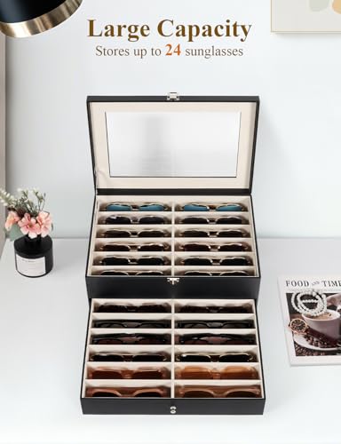 Sunglasses Storage Organizer Case with 24 Adjustable Slots, 2 Layer Multi Eyeglass Glasses Display Box with Lid Women - color: Black,24 Slots