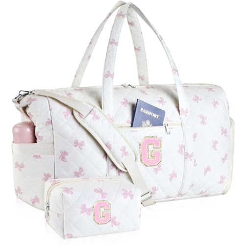 Personalized Quilted Duffle Bag for Travel Gym Weekender Hospital Carry On - color: Pink Bow, size: G