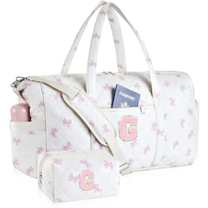Personalized Quilted Duffle Bag for Travel Gym Weekender Hospital Carry On - color: Pink Bow, size: G