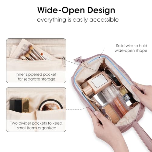 Narwey Travel Makeup Bag Toiletry Bag, Wide Open Cosmetic Bag for Women - color: A-Dusty Rose, size: Small