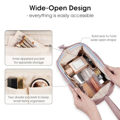 Narwey Travel Makeup Bag Toiletry Bag, Wide Open Cosmetic Bag for Women - color: A-Dusty Rose, size: Small